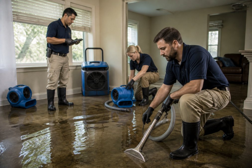 A team of restoration technicians in protective gear using water extraction equipment and thermal imaging cameras inside a flooded home, with professional drying equipment visible