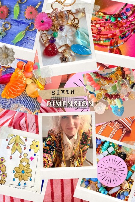 Collage: SDG Founder Louisa de Haas in India. Her drawings, SDG jewellery.