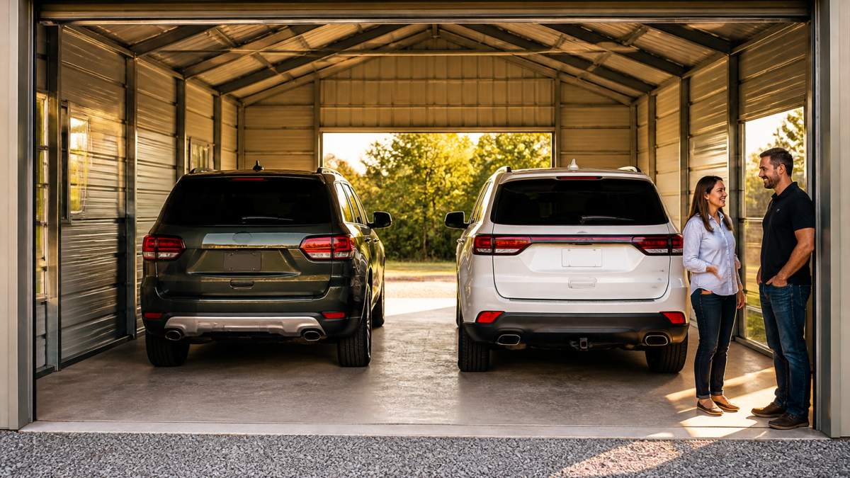 Two SUVs parked side by side inside a clean metal garage, with visible walking space between the vehicles and the walls, doors open, natural light coming through the garage door opening
