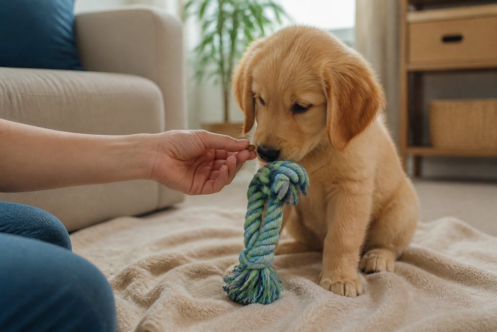 A calm, happy golden retriever puppy sitting on a soft blanket in a bright living room, gently sniffing a new rope toy while a person's hand offers a small training treat nearby