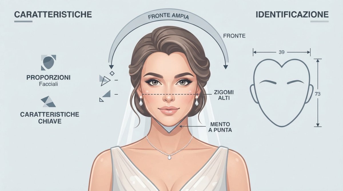 Close-up portrait of bride with heart-shaped face showing wide forehead and tapered chin, natural studio lighting highlighting facial proportions and bone structure