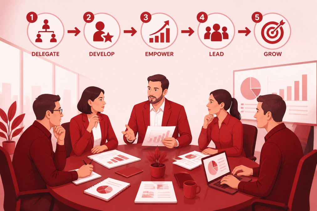 Business owner meeting with team members around a conference table, reviewing documents and discussing strategy with natural office lighting
