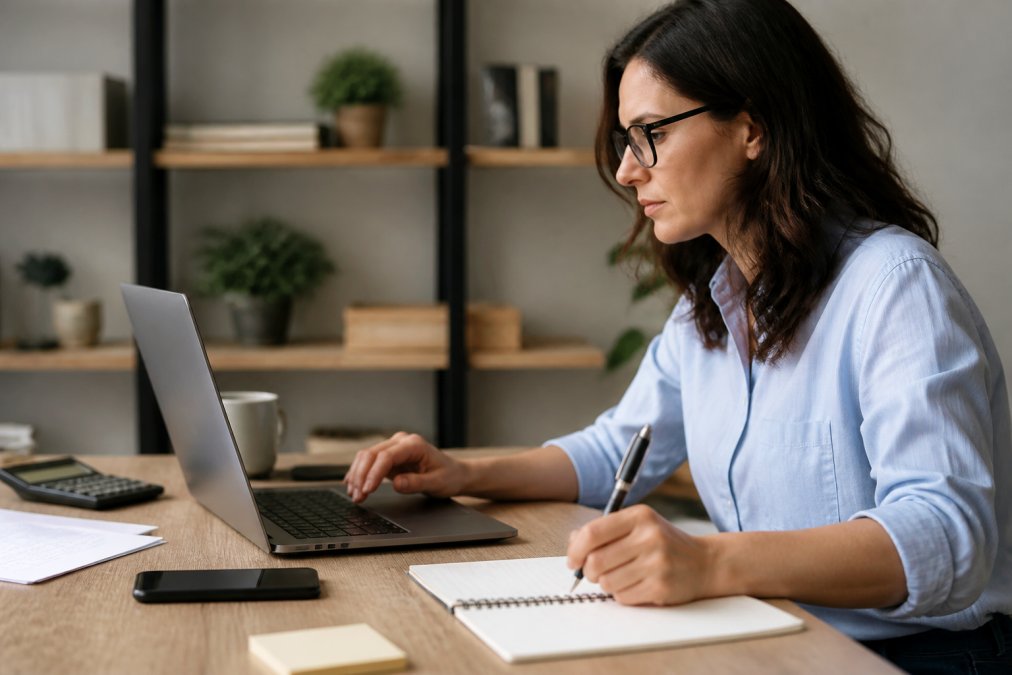 Small business owner at desk with laptop and notebook, analyzing business metrics and growth data on screen with natural office lighting