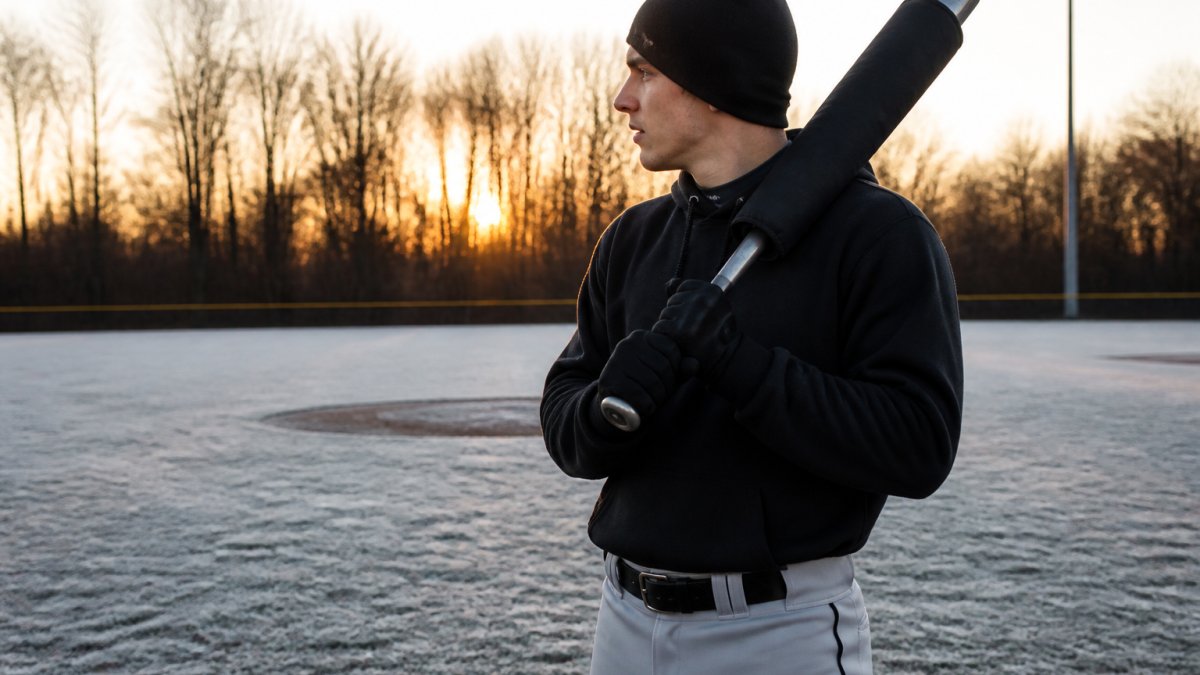 Baseball player using a heated sleeve on a bat on a frosty morning field