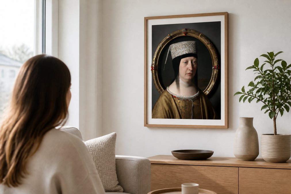 Homeowner viewing framed AI-generated wall art on a living room wall, natural morning light highlighting the print quality and wooden frame details, modern minimalist decor