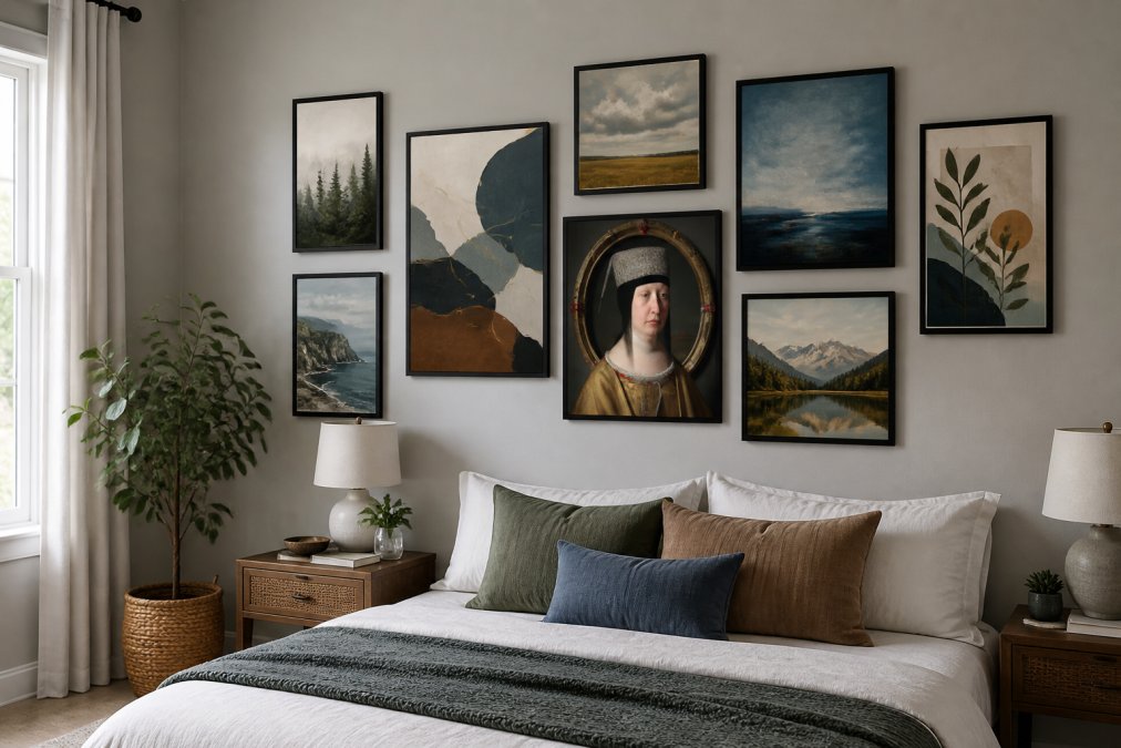 Modern bedroom with multiple AI-generated canvas prints and framed posters arranged on the wall in a gallery cluster, showing cohesive warm and cool tones, natural window light illuminating the artwork
