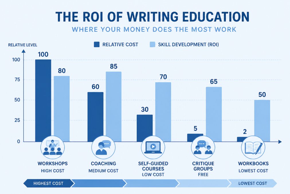 Bar chart comparing relative cost against skill development for five options: workshops high cost, coaching medium cost, self-guided courses low cost, critique groups free, workbooks lowest cost