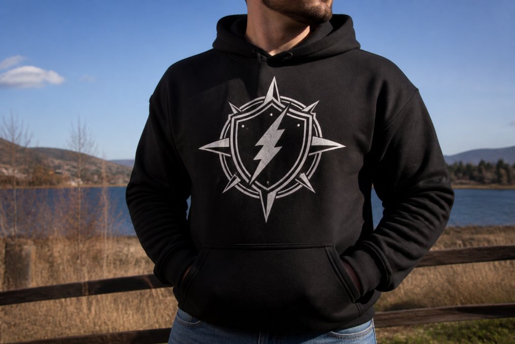 Person wearing the Shield Strength Hoodie showing the lightning bolt and compass graphic in detail, with visible fabric texture and design clarity, photographed in natural daylight