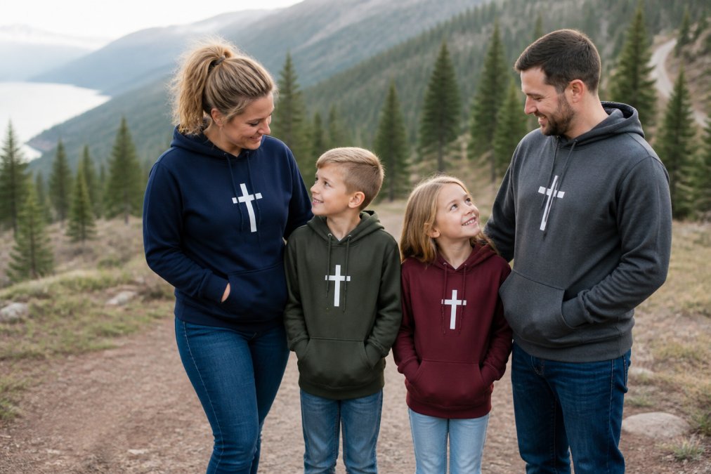 Family of four wearing coordinated faith-based apparel in various sizes, showing how the unisex designs fit across ages and body types, photographed outdoors with natural lighting