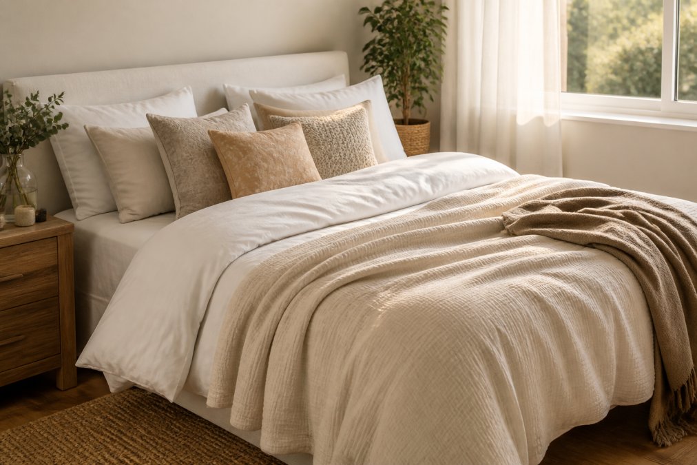 A beautifully styled bedroom with a plush, layered bed in soft neutral tones, featuring a quilt cover and decorative cushions, bathed in warm morning light