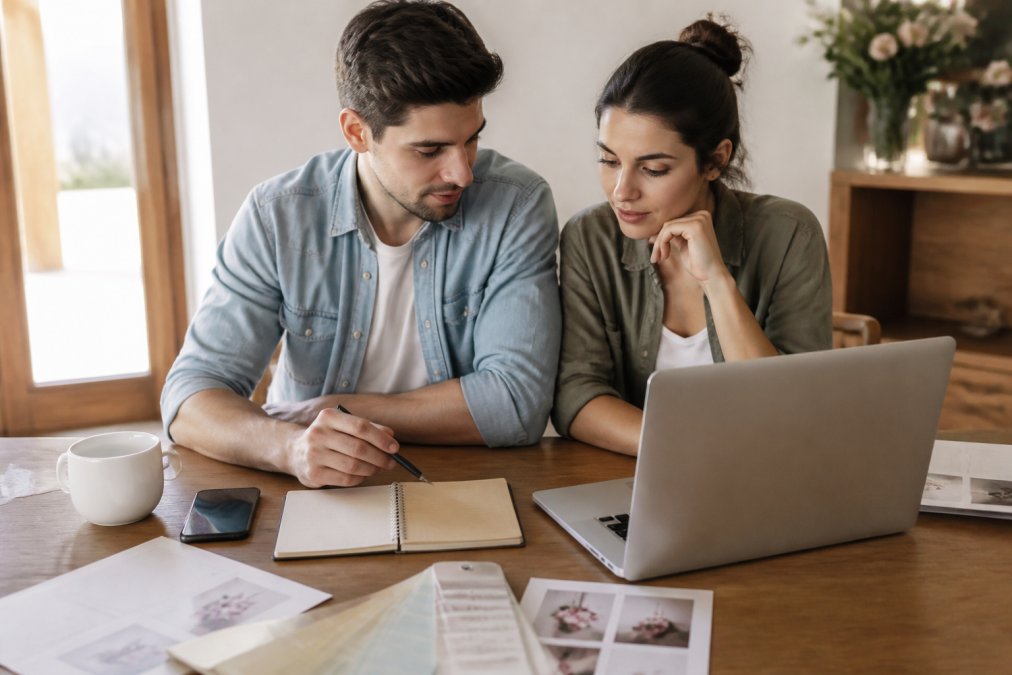 Engaged couple sitting at a desk with a laptop, notebook, and coffee, reviewing wedding planning details together with focused expressions and natural afternoon light