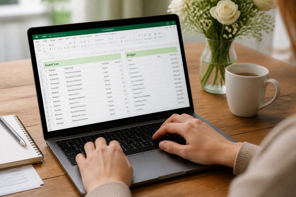 Close-up of hands on a keyboard with a wedding planner template displayed on the laptop screen, showing guest list and budget sections clearly visible