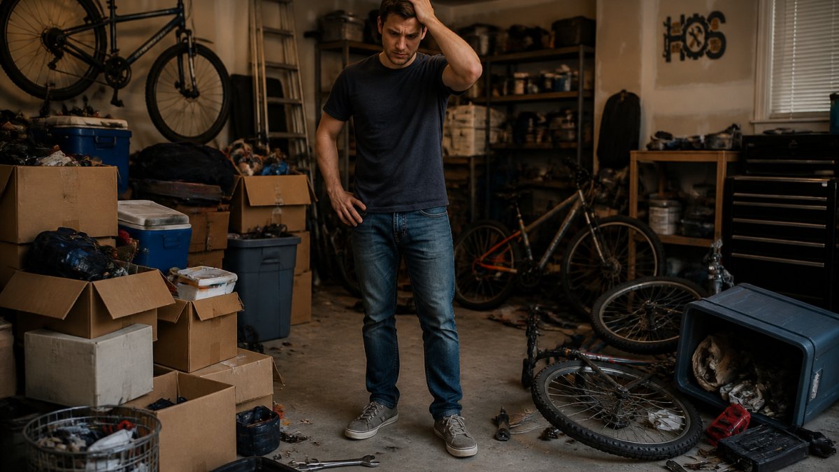 Renter standing in cluttered garage surrounded by boxes, bicycles, and scattered tools, looking frustrated and overwhelmed by disorganization