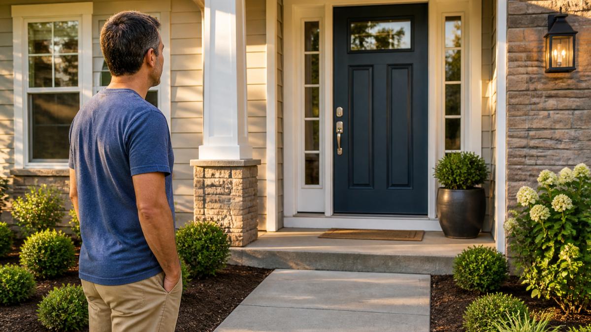Homeowner admiring an affordable home improvement project featuring a freshly painted front door and landscaping.
