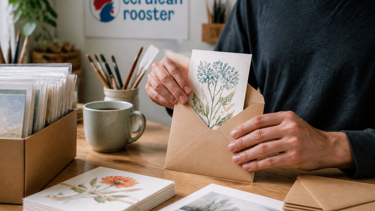 Hands carefully placing a hand-illustrated greeting card into an envelope in a bright, creative studio.