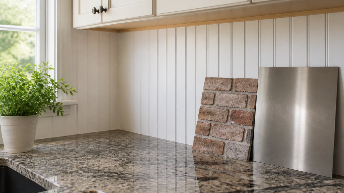 A bright kitchen corner showing a white beadboard backsplash panel installed behind a granite countertop, with a small brick veneer sample and a brushed metal sheet leaning against the wall nearby, soft morning light from a window