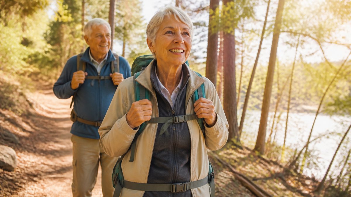 Active retirees hiking on a sunny trail while wearing comfortable and affordable outdoor gear