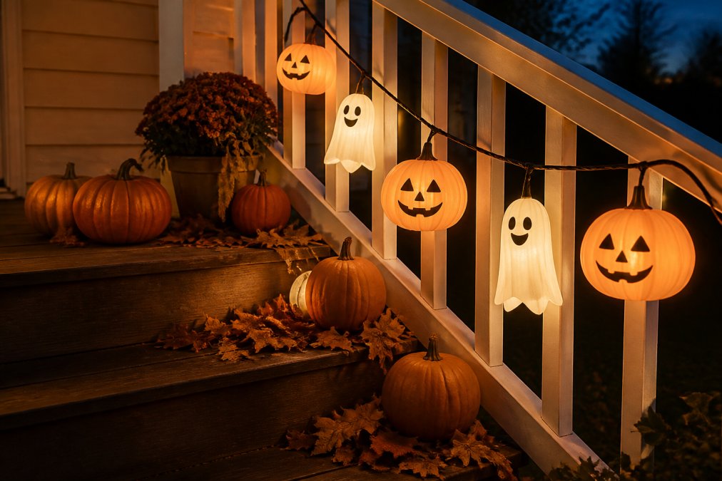 A cozy autumn front porch at dusk with warm glowing pumpkin and ghost-shaped LED lanterns hanging from a porch railing, surrounded by small pumpkins and dried leaves on wooden steps