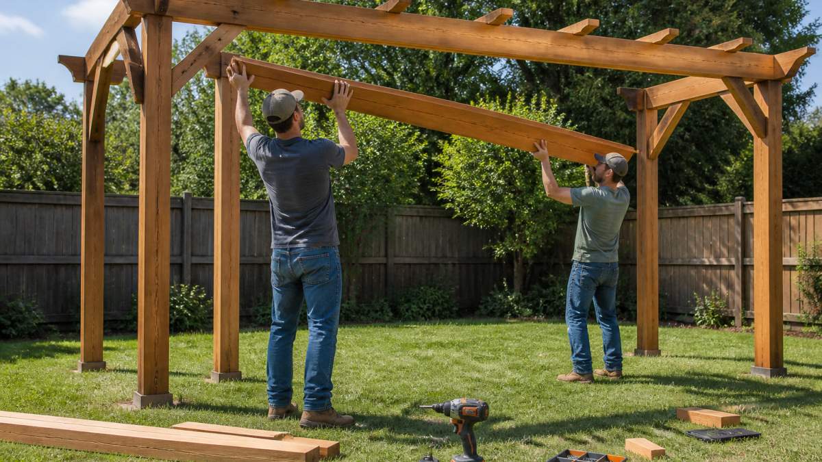Two people lifting a cedar beam to assemble a wooden pergola frame in a sunny backyard.