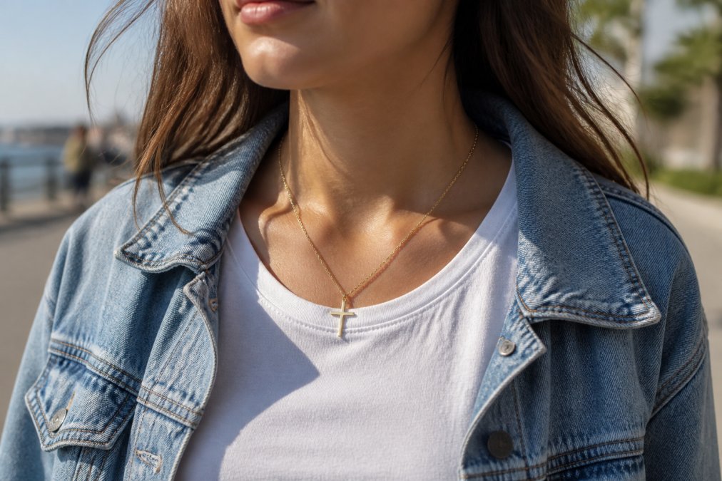Woman wearing a minimalist gold cross pendant over a casual white t-shirt and denim jacket, photographed in natural daylight with the pendant visible at collarbone length