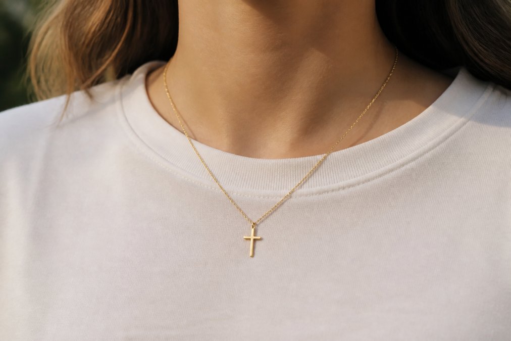 Close-up of a woman's neck and chest showing a cross pendant necklace at collarbone length, demonstrating proper fit and placement over a simple crew neck top in natural daylight