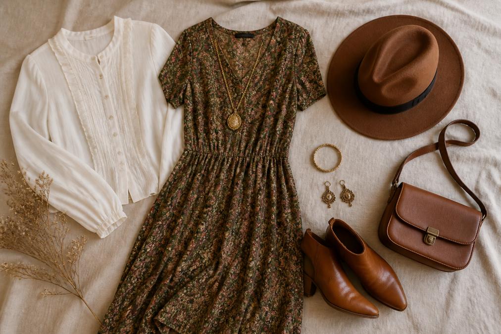 Flat lay of carefully arranged vintage-inspired pieces including a necklace, dress, blouse, and accessories on a neutral background