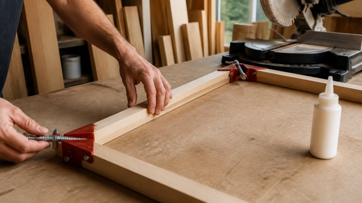 Close-up of hands assembling wooden frame molding with corner clamps, wood glue bottle, and miter saw setup on workshop surface with natural lighting