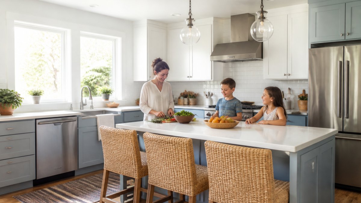 Family kitchen with freshly painted soft blue and white cabinets, bright white walls, and natural light streaming through windows showing the transformation of a dated space
