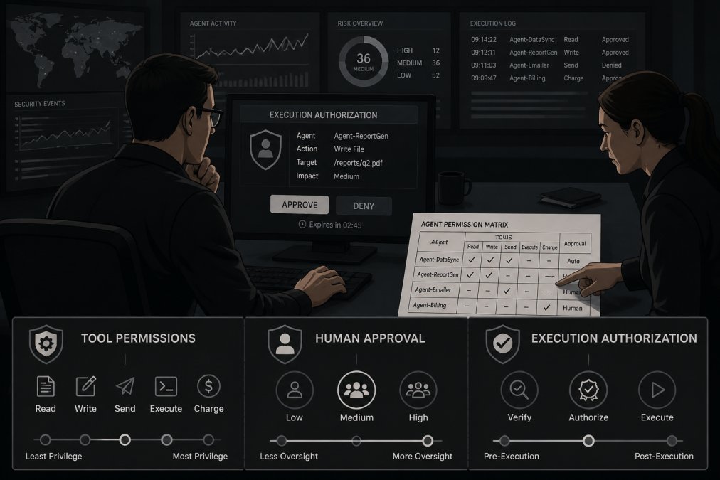 Security team reviewing an agent permission matrix for prompt injection defense in a dark SOC office environment.