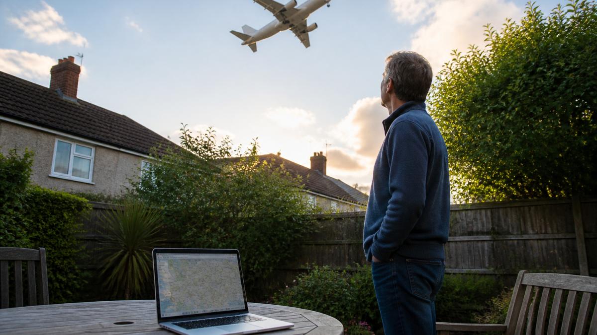 Diagram showing how residential data checks help assess aircraft noise impact for homes outside of mapped contours.