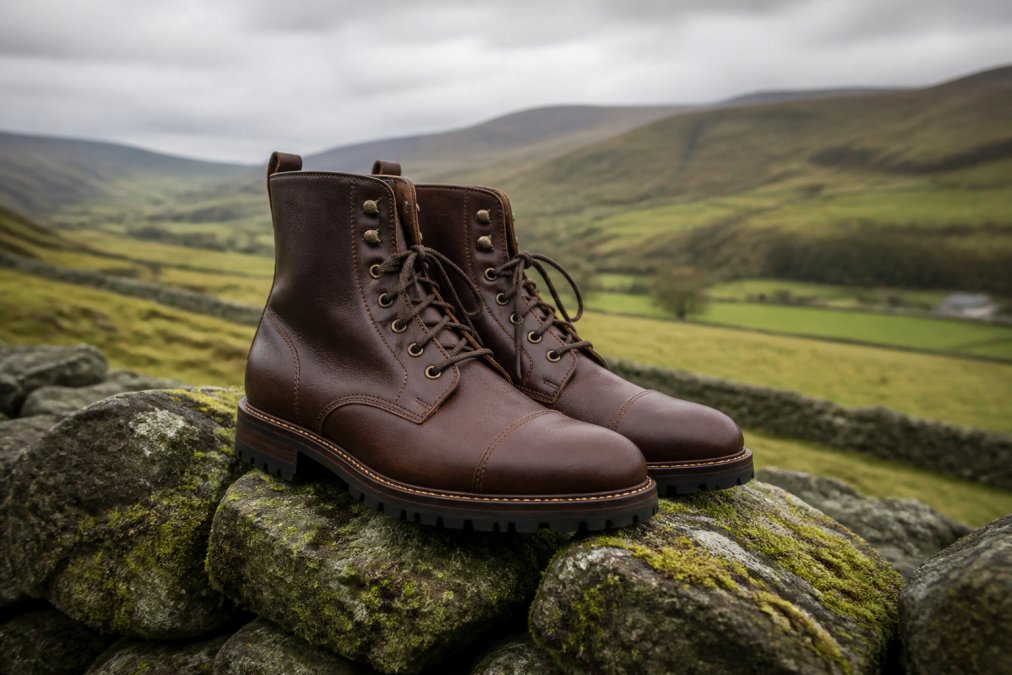 Brown leather country boots with Vibram soles on a mossy stone wall, one of 7 alternatives to blake stitched leather boots.