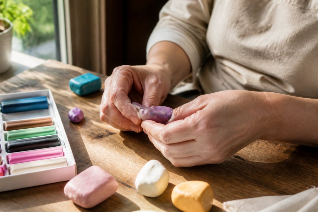 Close-up of a person's hands kneading and shaping soft, colorful polymer clay on a wooden table, natural window light casting soft shadows across the textured surface