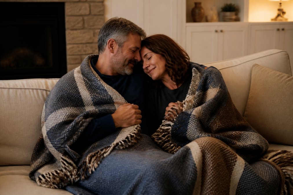 Couple wrapped together in a cozy custom woven blanket with personalized design, sitting on a cream-colored couch in warm home lighting, intimate and comfortable scene