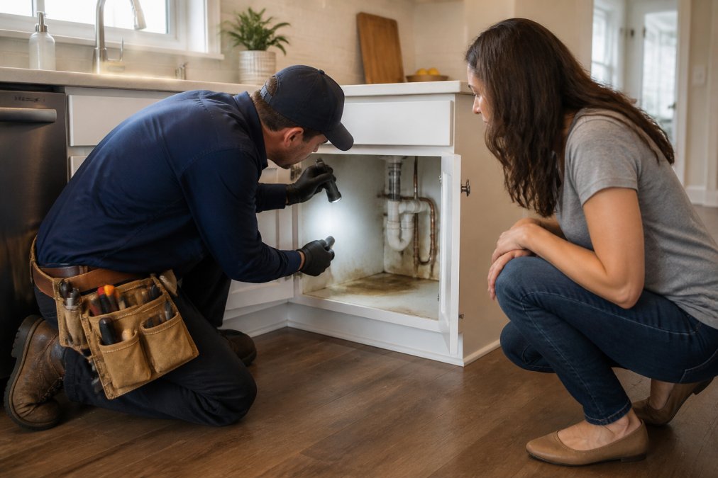 A professional contractor in work clothes shining a flashlight inside an open kitchen cabinet while a homeowner watches, checking for structural damage in a bright, modern kitchen