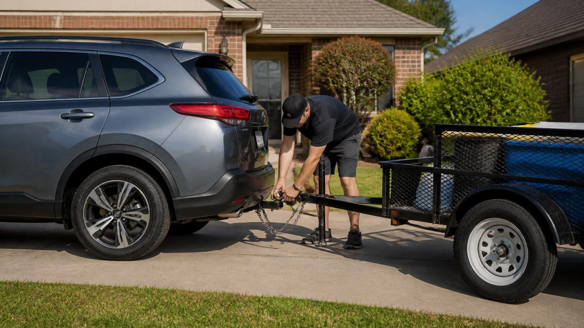 A midsize SUV with a small utility trailer attached, parked in a suburban driveway on a sunny day, with a person checking the hitch connection