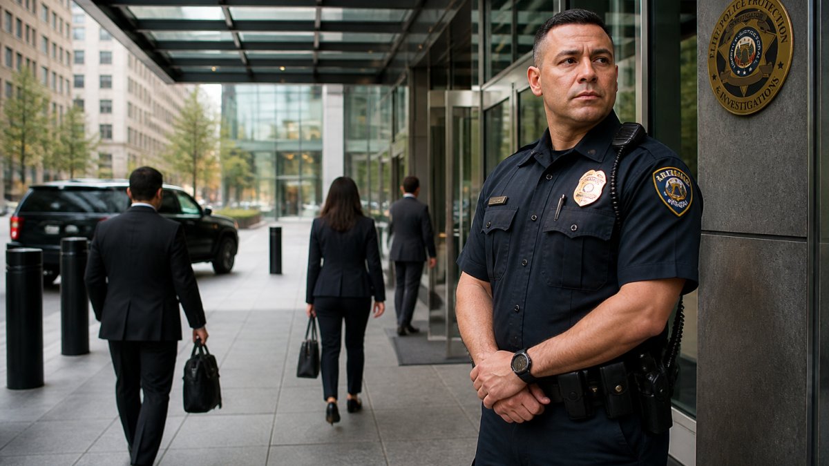 A uniformed off-duty police officer in professional attire standing watch at the entrance of a commercial building, with a security vehicle and business professionals passing in the background