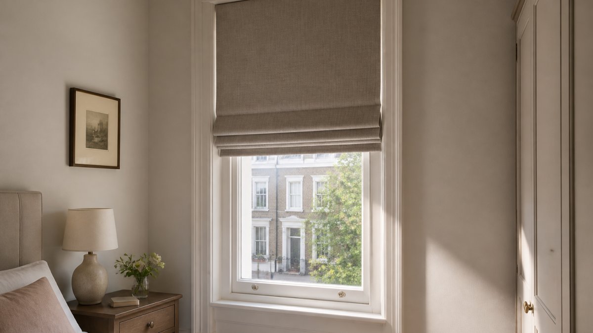 A close-up of a neatly folded Roman blind in a soft neutral fabric fitted to a narrow sash window in a period London home, with daylight coming through the lower half