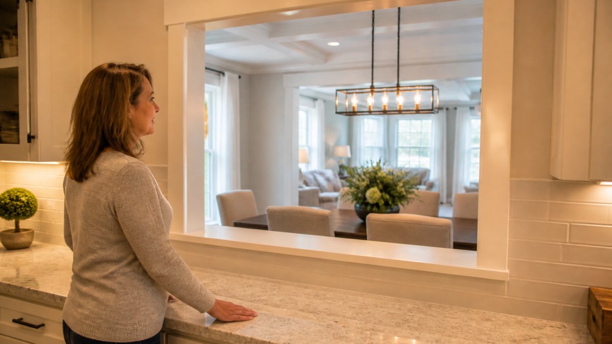 Homeowner looking through a finished pass-through window in a load-bearing wall between a kitchen and dining room