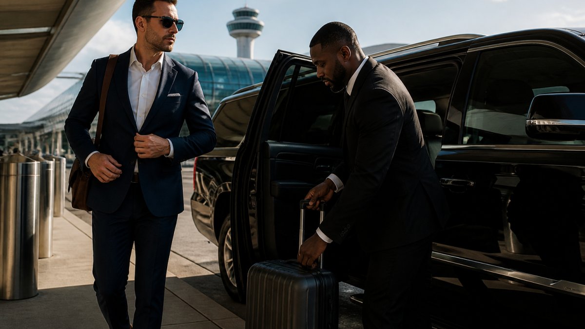Professional business traveler in tailored suit standing beside a black luxury SUV at airport departure curb, uniformed driver assisting with premium luggage, morning sunlight