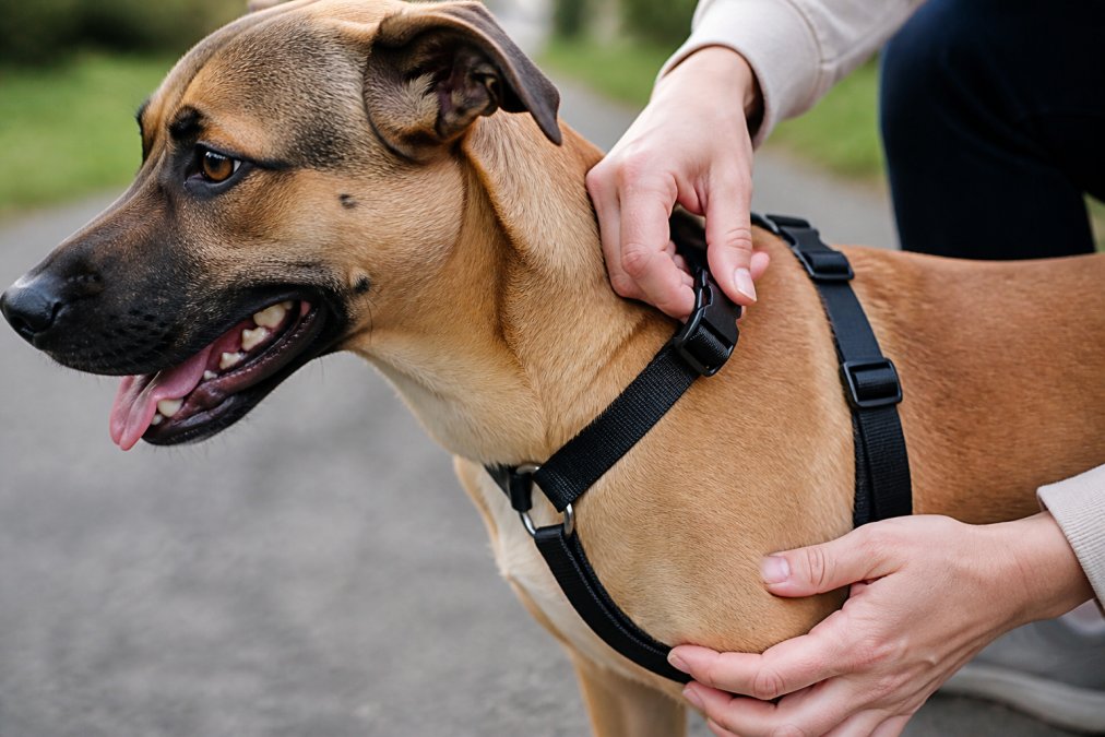 Close-up side profile of a calm dog wearing a well-fitted dual-clip harness, showing the Y-shaped design and chest strap position, with an owner's hand gently adjusting the buckles
