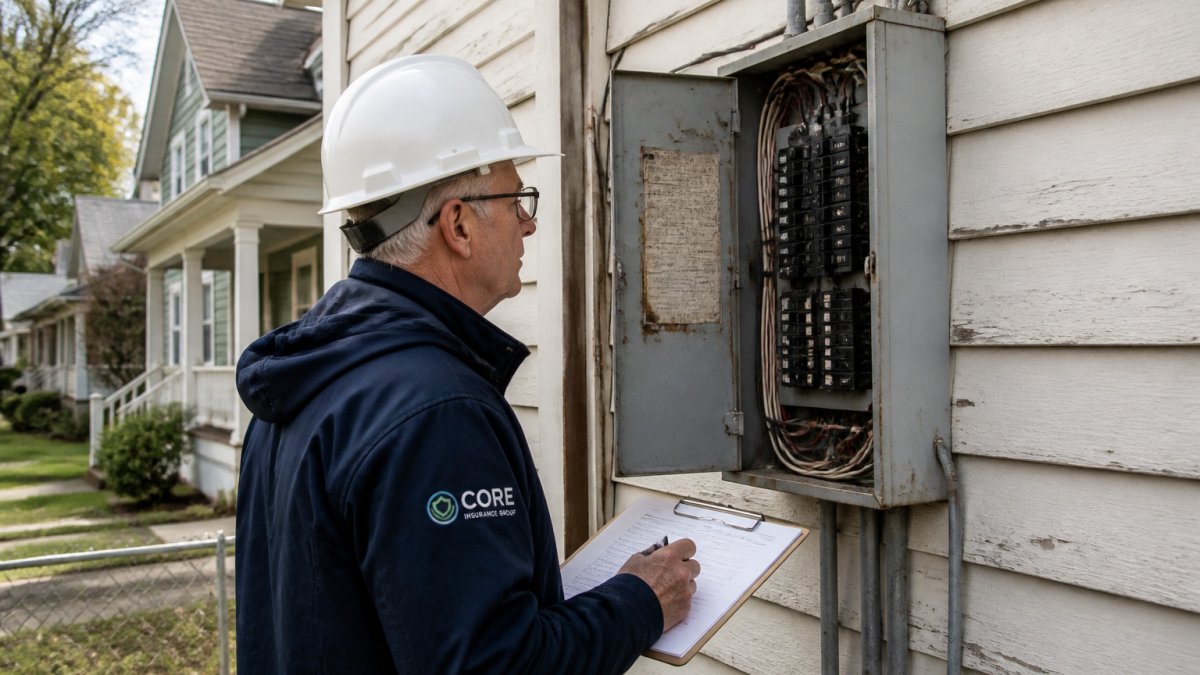 Insurance inspector examining the electrical wiring panel of older homes