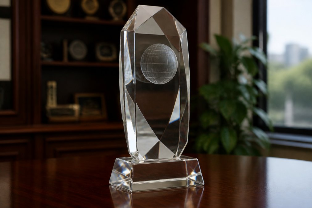 Close-up of an elegant custom crystal award on a polished wooden display surface, with soft studio lighting highlighting the engraved details and premium transparent finish