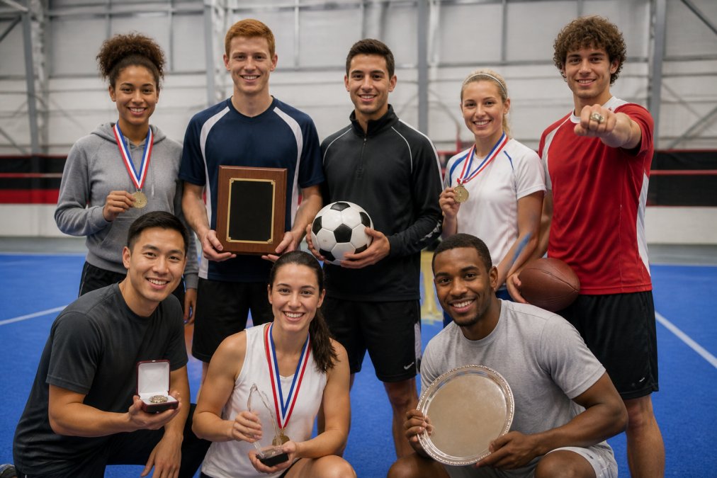 A diverse group of athletes and team members displaying different award types together: medals worn around necks, plaques held in hands, custom sports balls, and championship rings, showing variety in recognition across a bright athletic facility