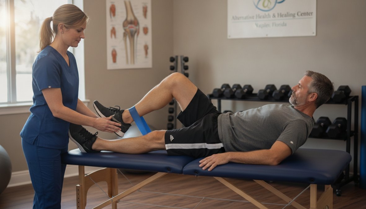 Professional illustration showing physical and therapist and working concepts for alternatives to surgery for knee pain