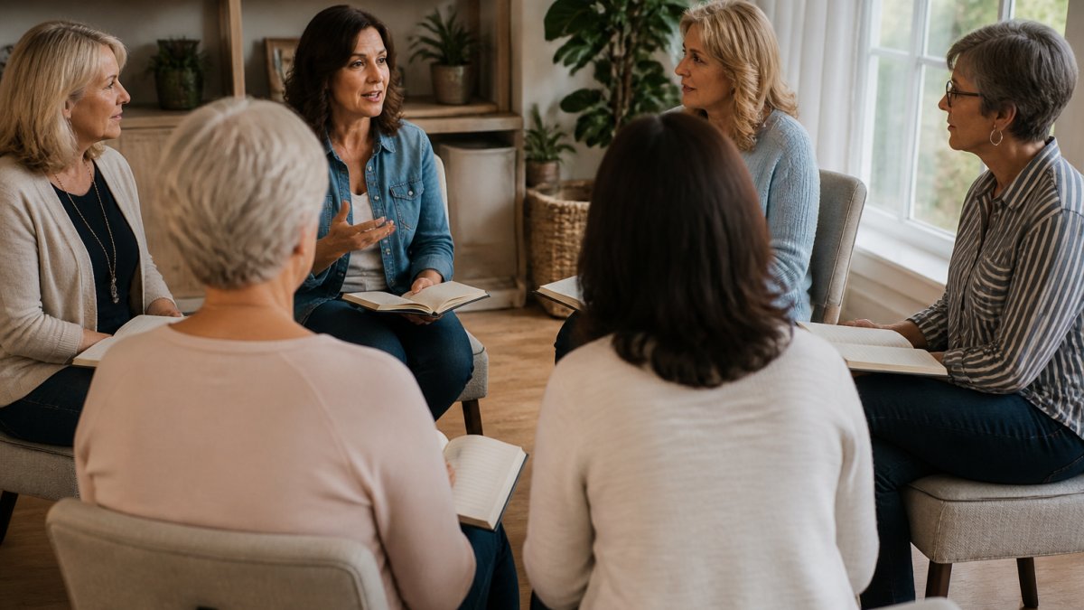A group of women in a circle sharing experiences as an anchored woman alternative in a supportive faith community.