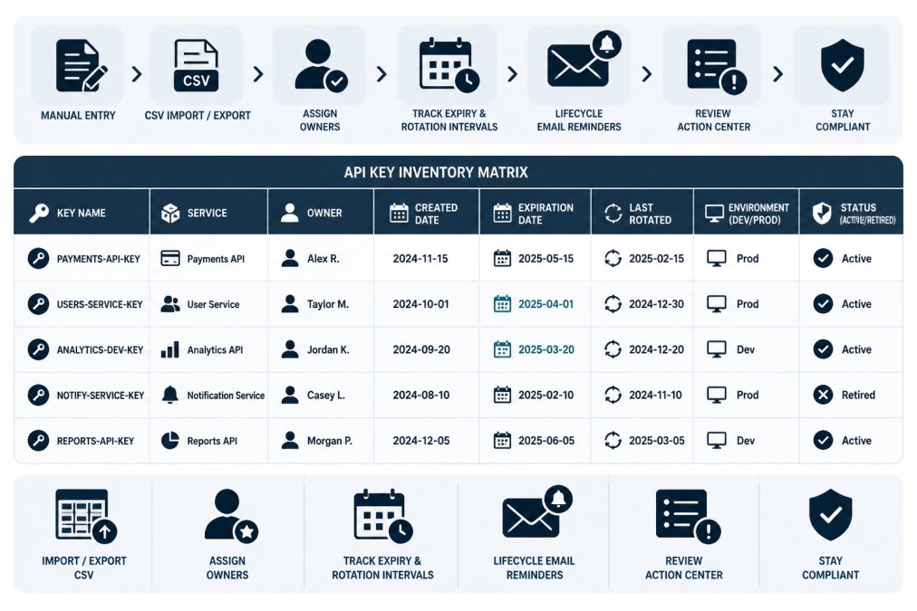 API key inventory matrix template for effective API key lifecycle management tracking and ownership.