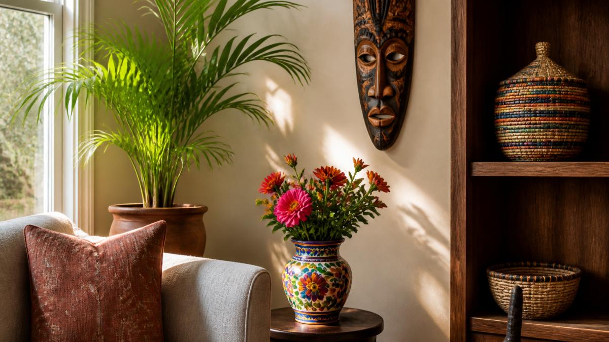 Infographic showcasing how to style diverse handmade home decor pieces in a living room corner.