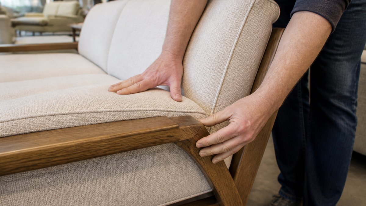 Close-up of sofa fabric and wood joints comparing construction quality for Ashley Furniture vs Farmers Furniture