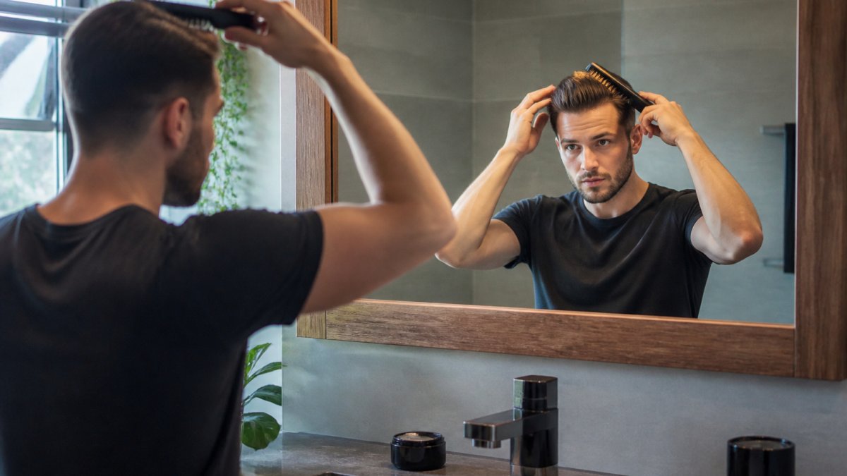 Homme dans une salle de bain moderne se coiffant devant un miroir avec une brosse et un pot de produit coiffant posé sur le comptoir, lumière naturelle du matin