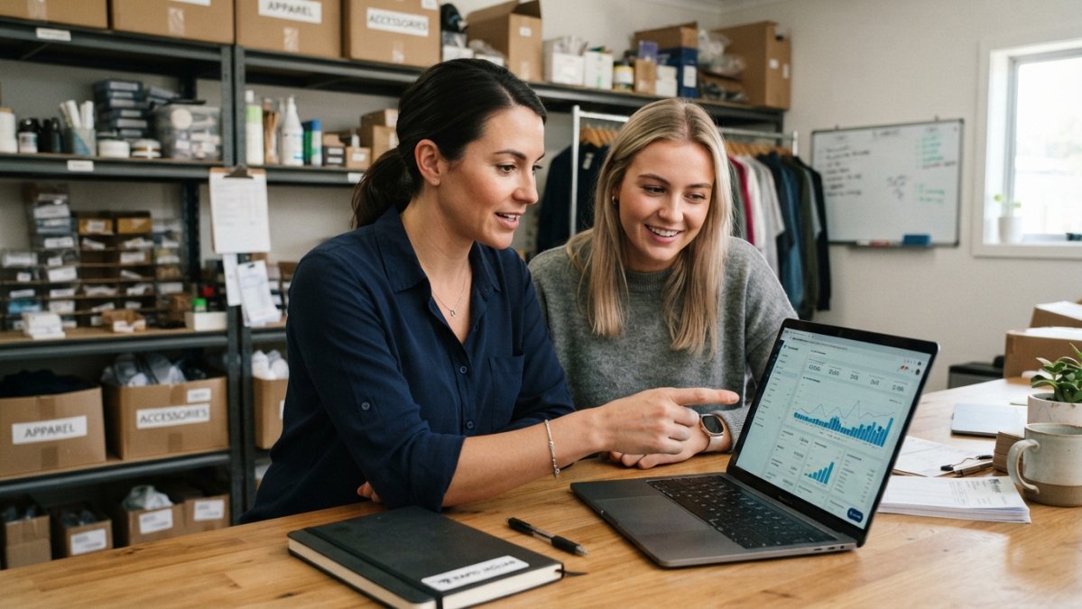 Small business owners reviewing an automated reporting dashboard on a laptop in a bright retail office.